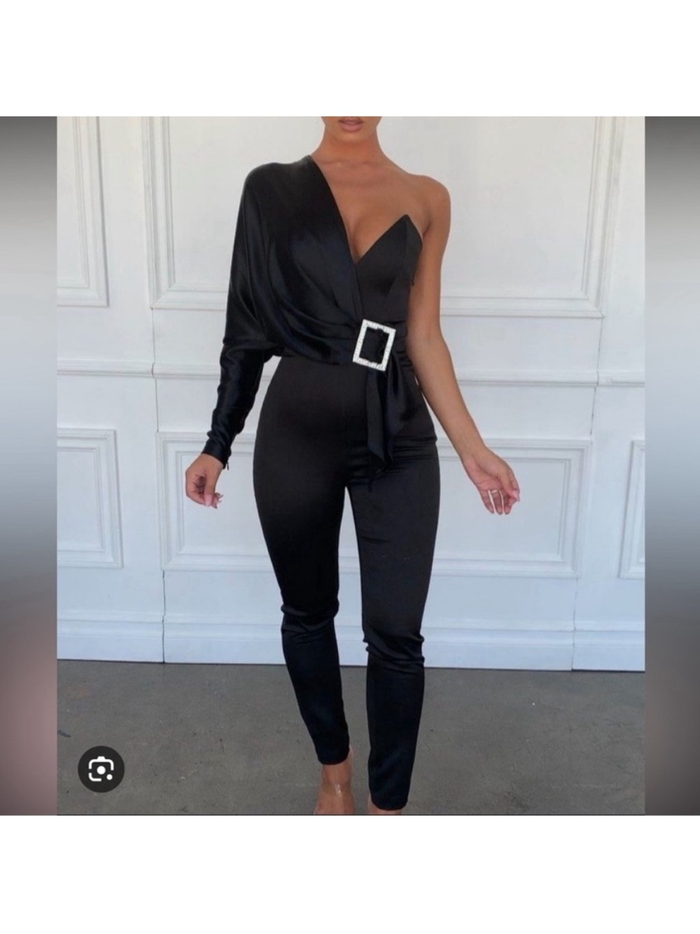 House of CB Willow Satin Stretch Jumpsuit Romper‎ One Shoulder Black Tie Sz M